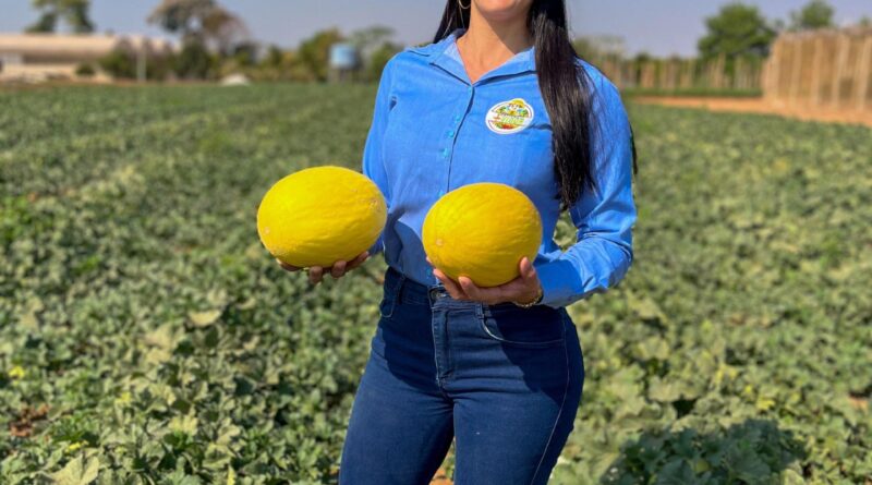 Mulher segurando dois melões em uma plantação