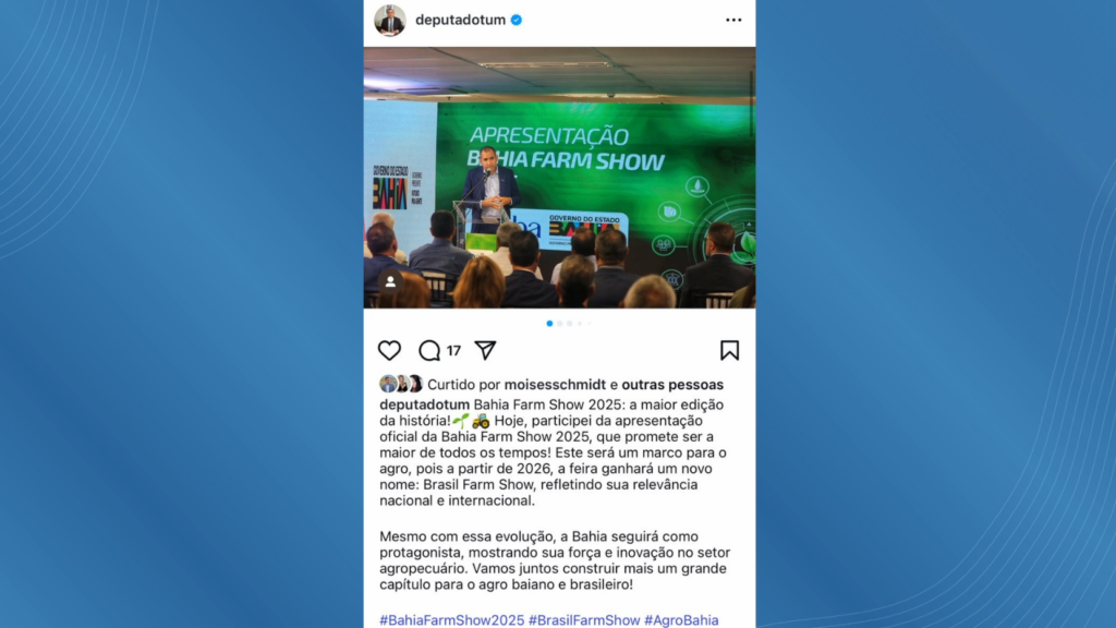 Publicação de Wallison Tum sobre mudança de nome da Bahia Farm Show