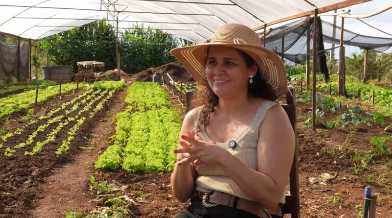 Foto de uma mulher com o fundo de uma plantação de alface