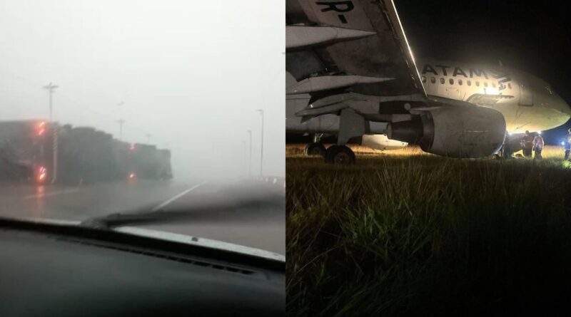 Mau tempo causa tombamento de carreta no RS e avião pousa fora da pista em SC