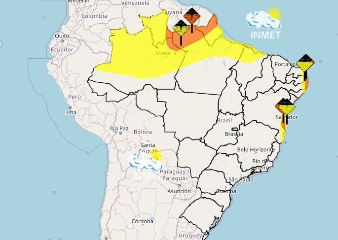 Mapa do Inmet mostra áreas em situação de perigo 