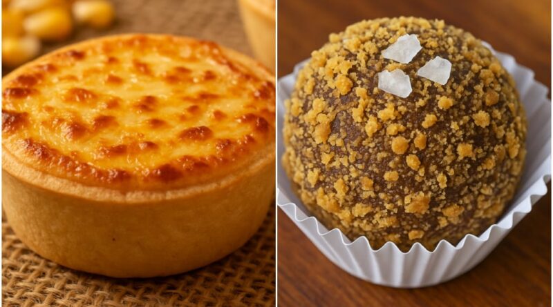 empada de milho e queijo coalho e brigadeiro de paçoca, rapadura e flor de sal