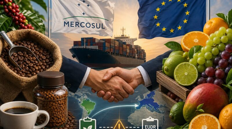 Imagem mostra os impactos do acordo Mercosul-UE para setores como café e frutas