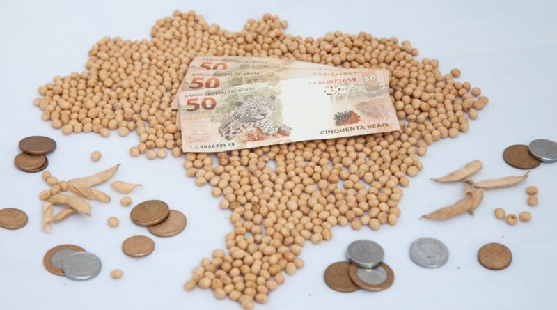 Monte de soja em grão formando mapa do Brasil. Sobre ele, três notas de 50 reais. Ao redor, moedas de diversos valores