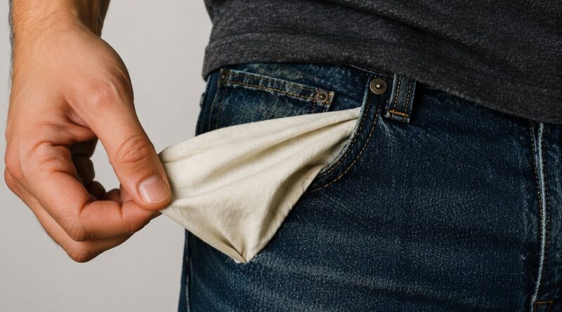 Pessoa mexe no bolso da calça para procurar dinheiro