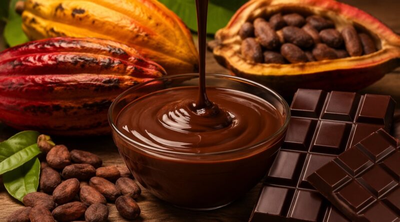 Mesa com cacau e chocalates em calda e em barra