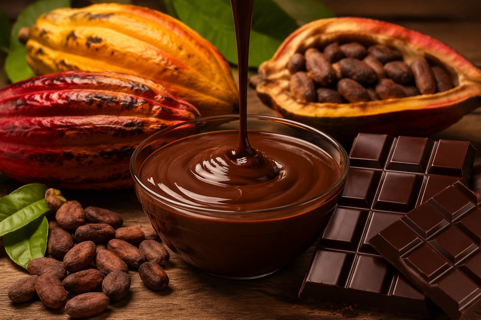 Mesa com cacau e chocalates em calda e em barra