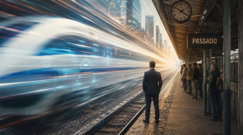 Imagem mostra homem esperando trem para o futuro, na plataforma do passado