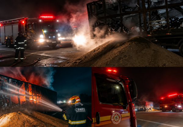 Carreta de soja pega fogo em rodovia de Rio Grande