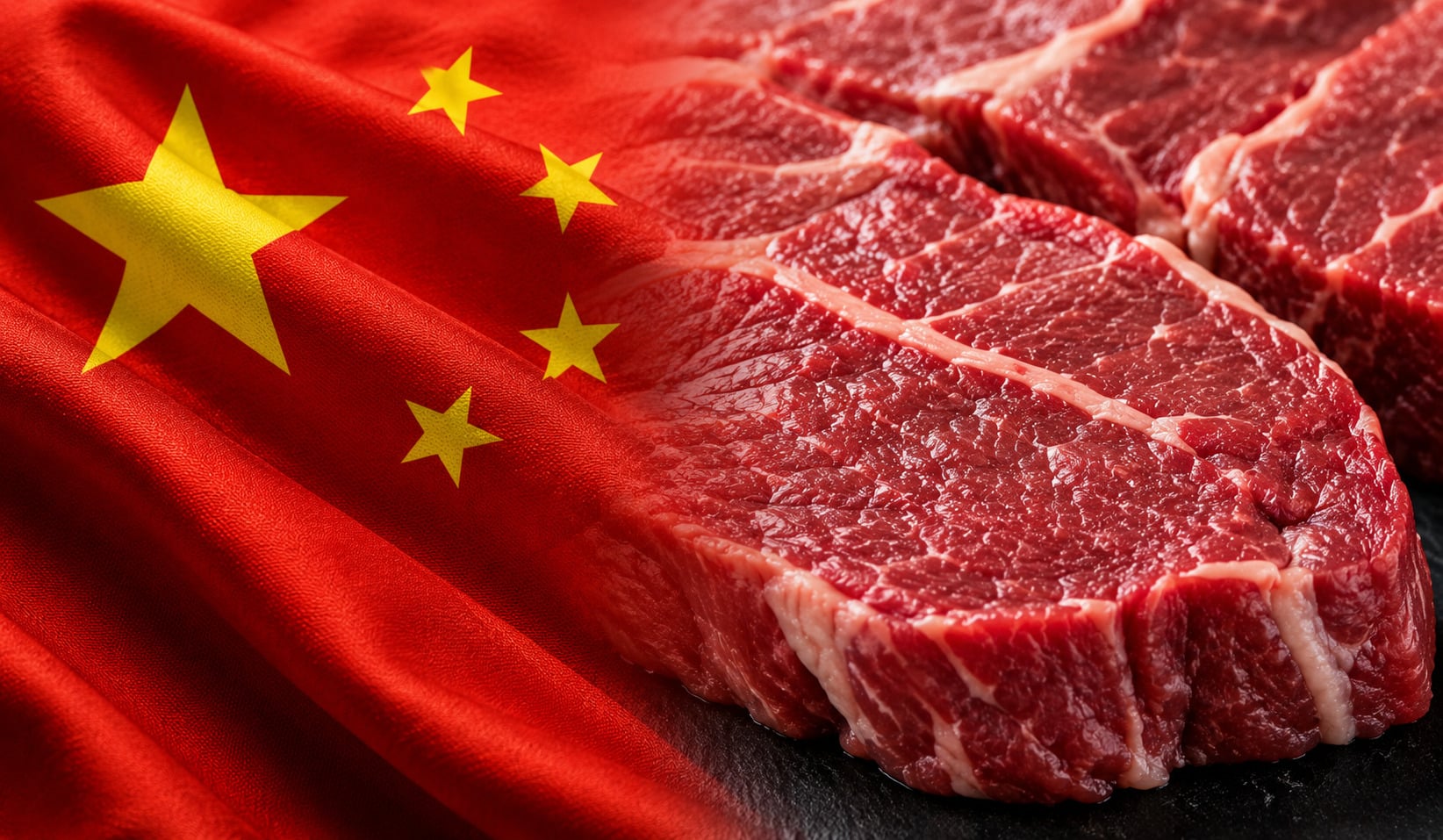 Imagem mostra bandeira da China sobreposta por uma imagem de carne bovina