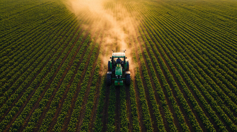 Imagem mostra trator em lavoura; agronegócio, agropecuária, agro