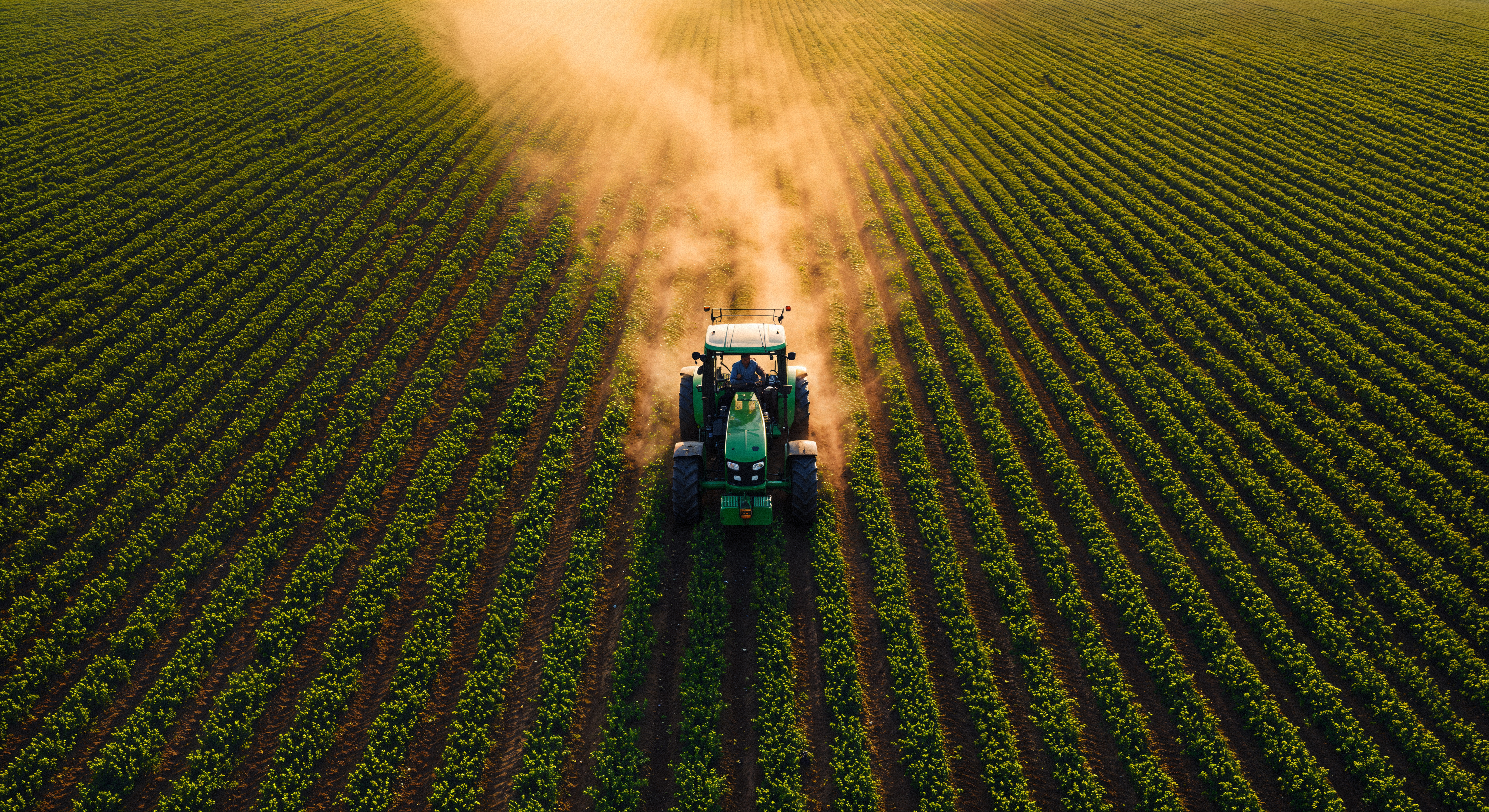 Imagem mostra trator em lavoura; agronegócio, agropecuária, agro